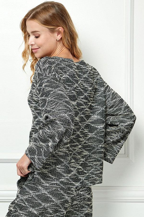 long sleeve black and white tweed athleisure top set womens boutique online trendy
