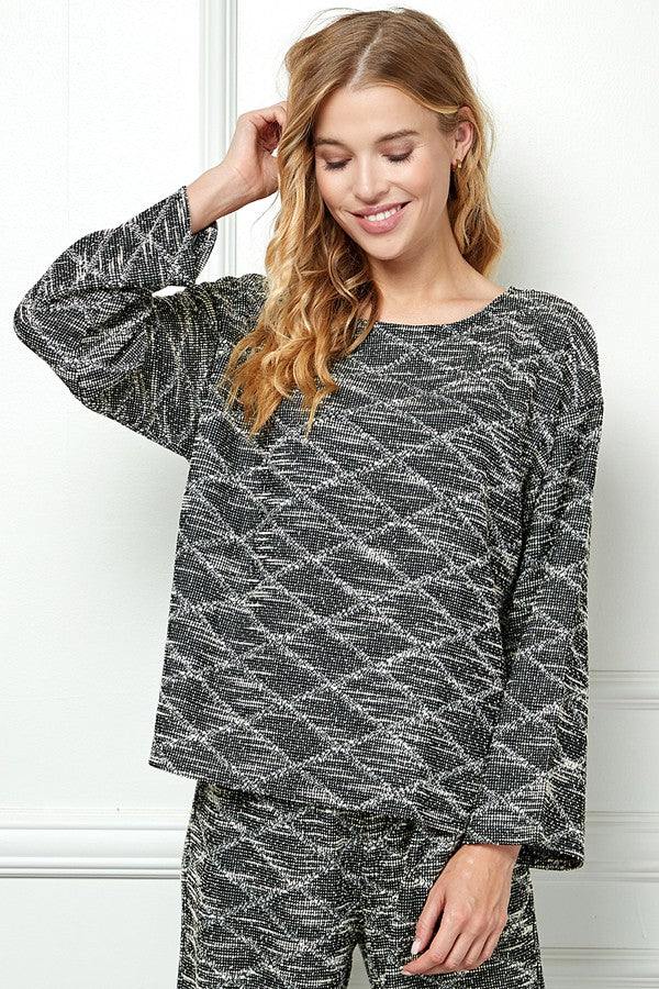 long sleeve black and white tweed athleisure top set womens boutique online trendy tres chic houston