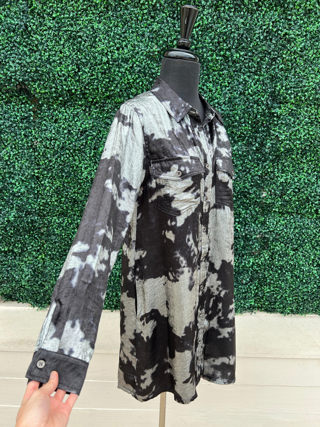 metallic cow print tie-dye fabric with collar shirt dress knee length festive for the holidays