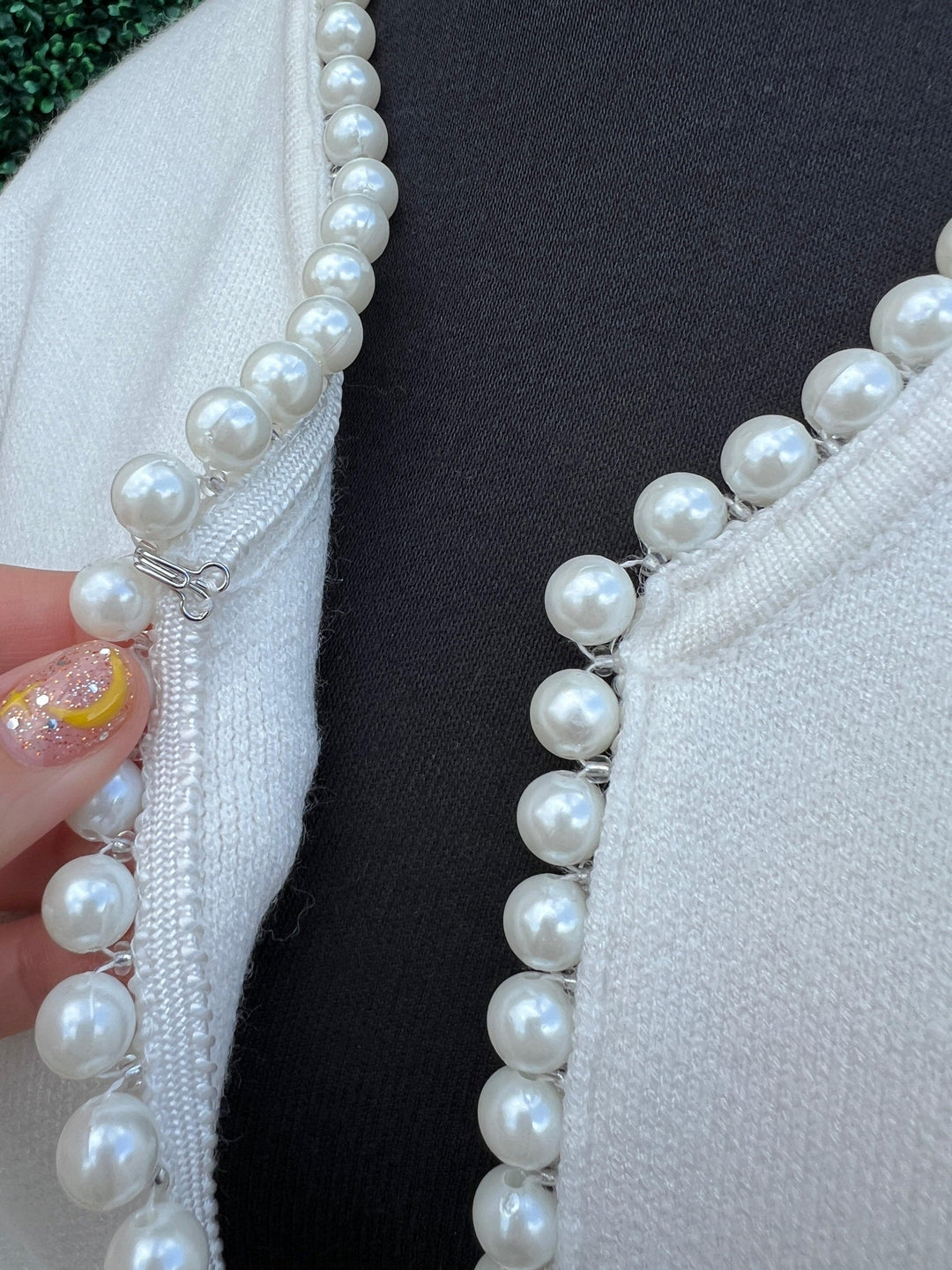 off White Pearl Trim Cardigan holiday dressy layers classy boutique style holiday outfit ideas gifts
