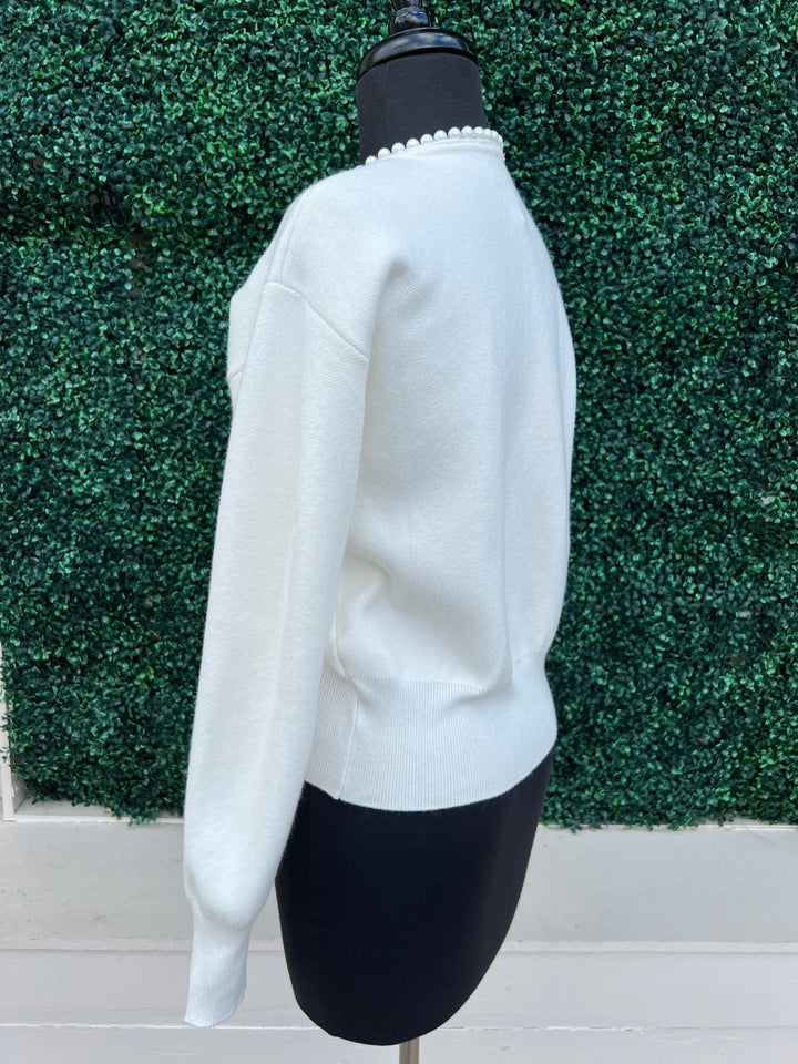 off White Pearl Trim Cardigan holiday dressy layers classy boutique style holiday outfit ideas gifts tres chic boutique
