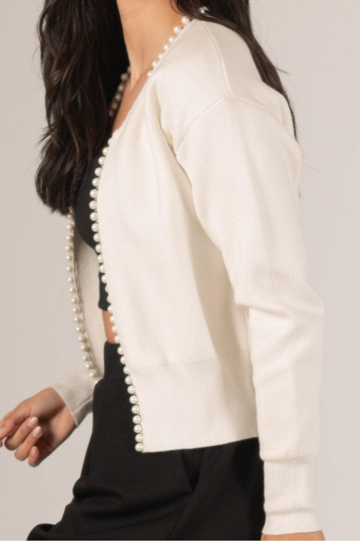 off White Pearl Trim open Cardigan holiday dressy layers classy boutique style holiday outfit ideas gifts tres chic boutique
