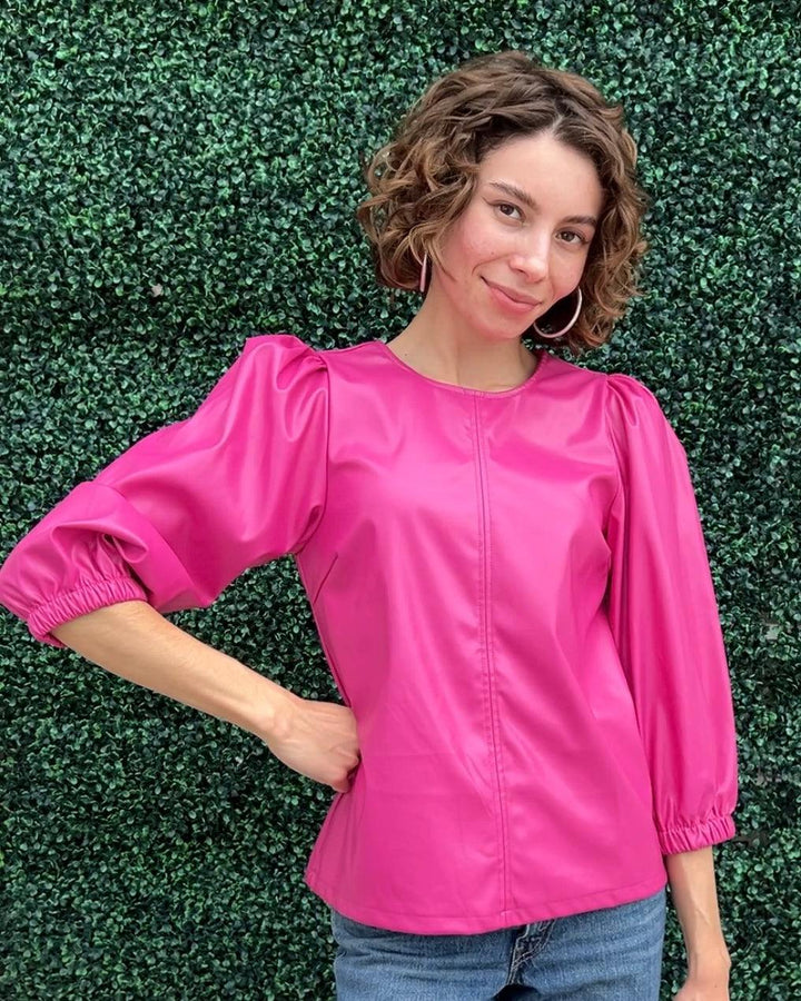 pink pleather vegan leather long sleeve top THML womens trendy boutique