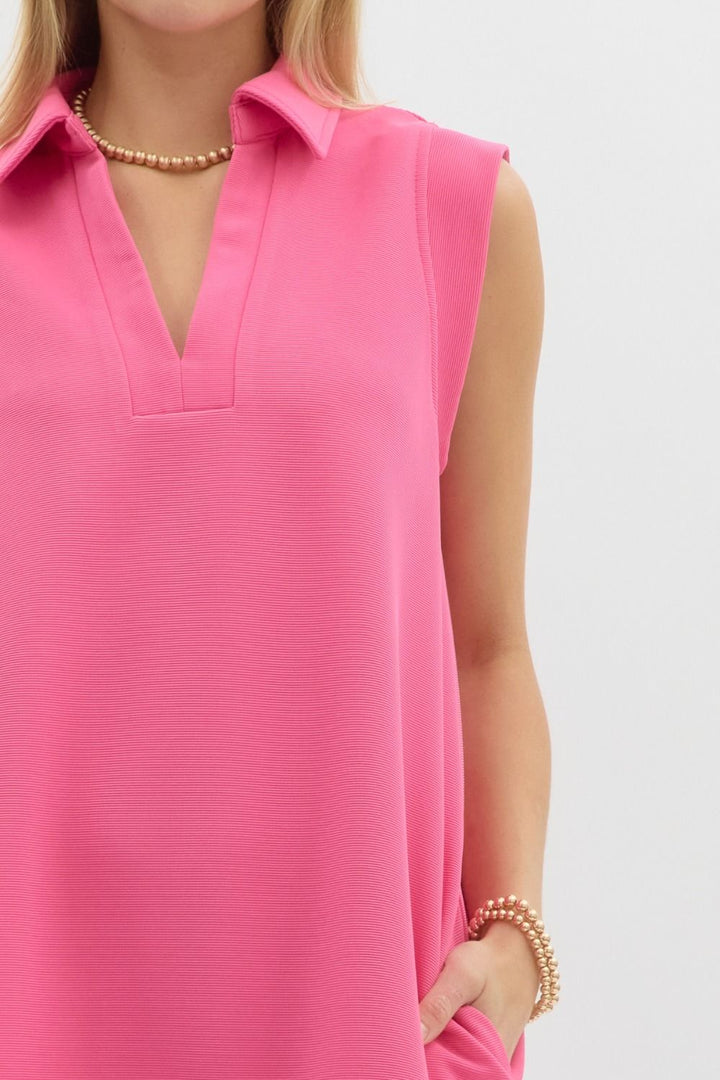 pink ribbed valentines sleeveless v neck entro brand dress tres chic with pockets and inverted pleat at back