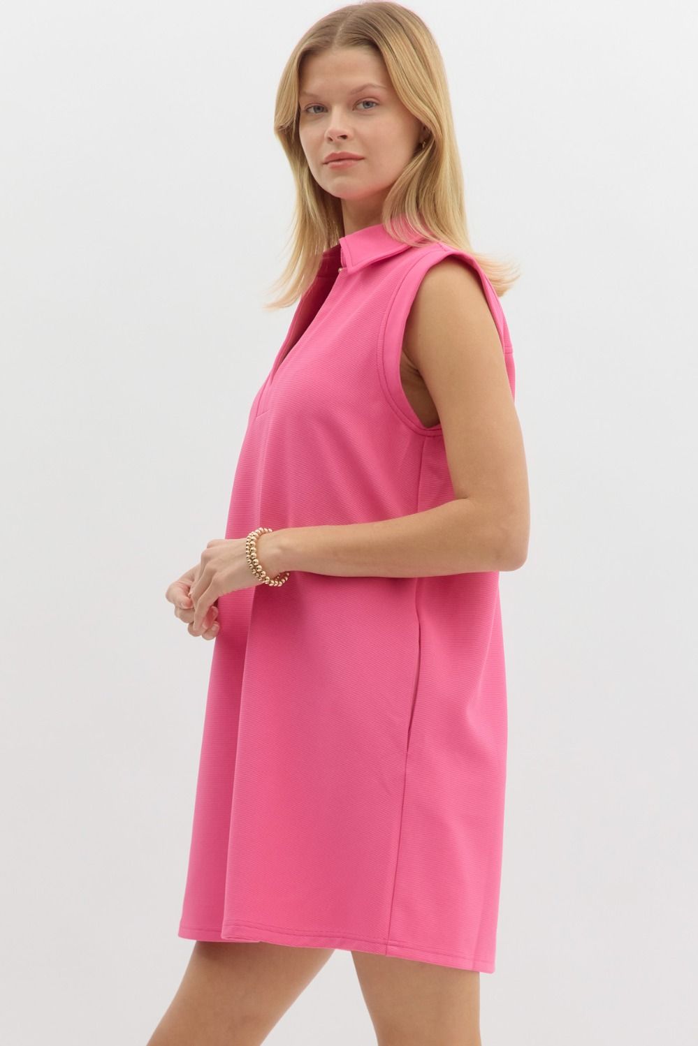 pink ribbed valentines sleeveless v neck entro brand dress tres chic with pockets