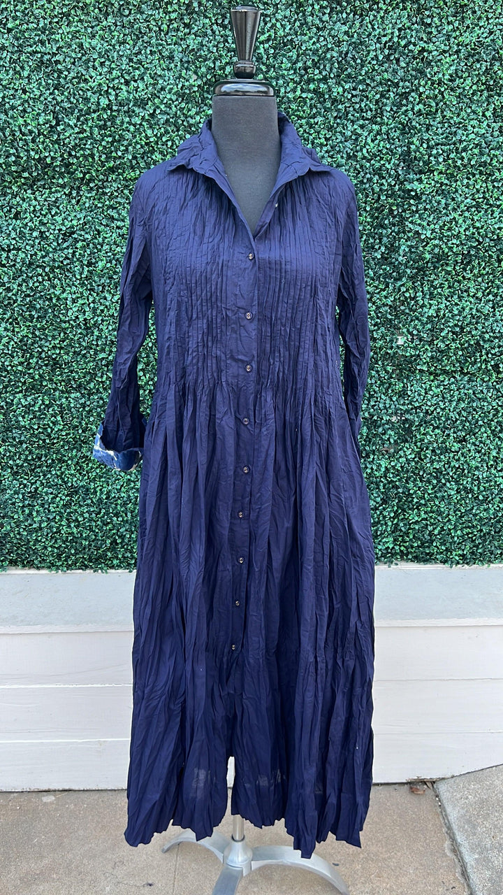 pleated Long sleeve button down tier maxi Sam 100% cotton navy blue dress addict tres chic
