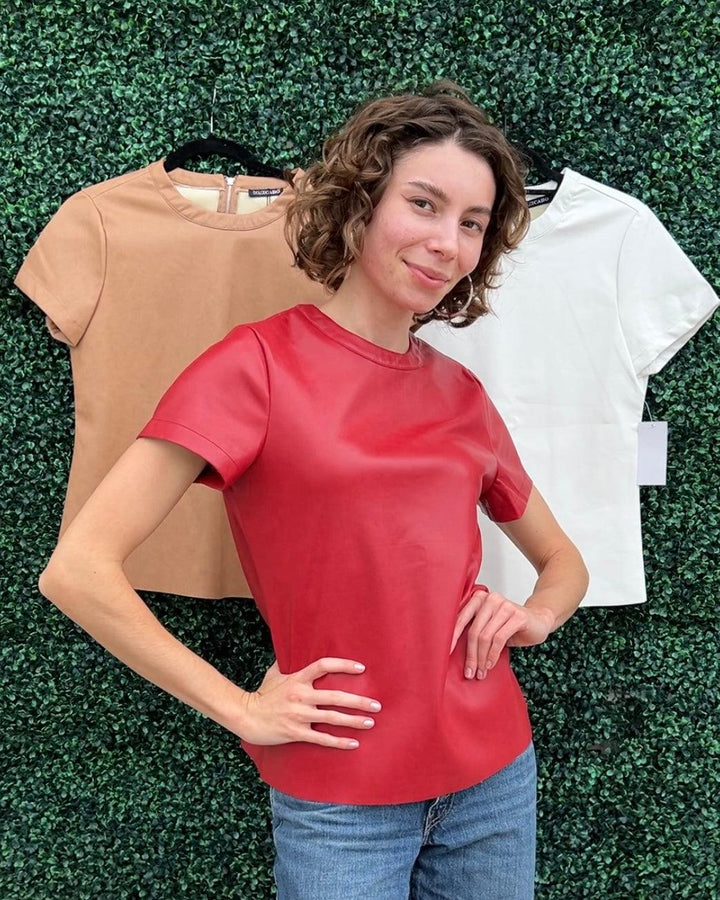 pleather red t shirt with silver sipper at back holiday top