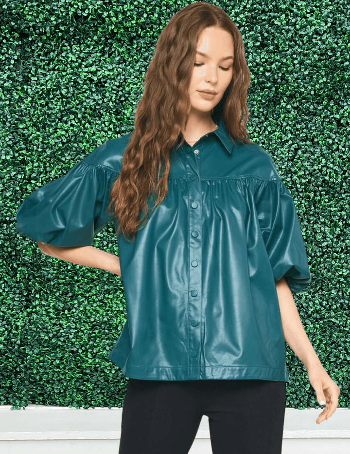 pleather teal blouse puff sleeve fall top boutique