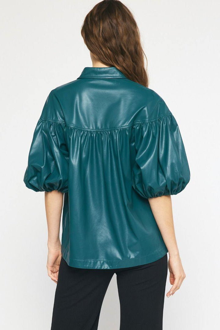 pleather teal blouse puff sleeve fall top boutique