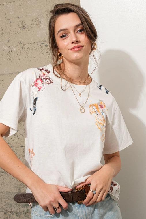 printed Cotton Tee shirt blue b brand trendy rodeo cowgirl outfits ideas womens boutique white boxy vintage