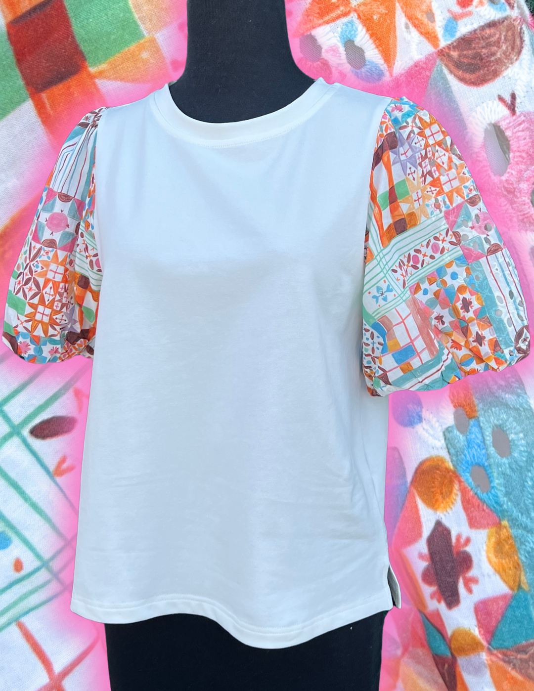 printed eyelet patchwork contrasting sleeves on white tee