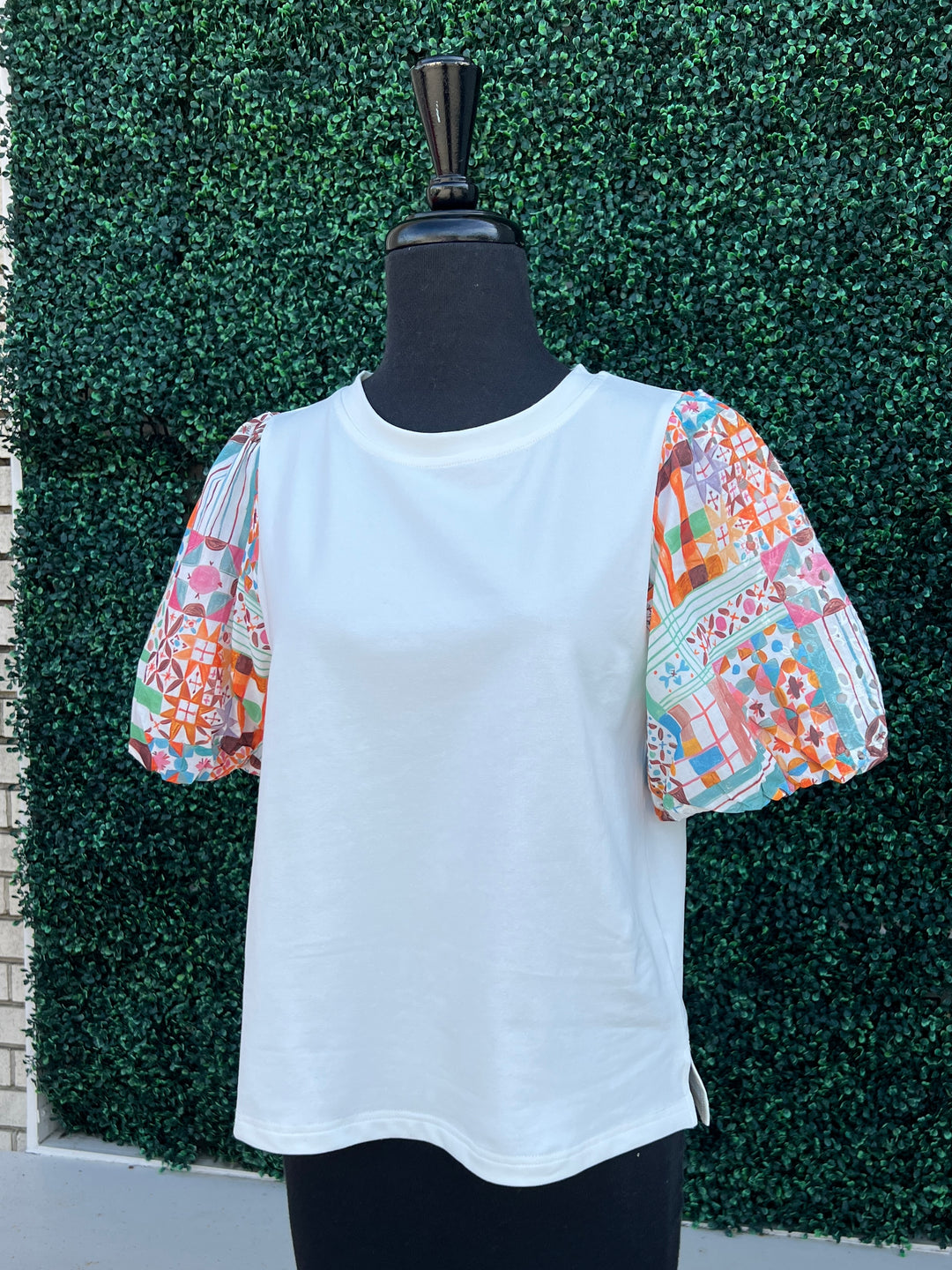 printed eyelet patchwork contrasting sleeves on white tee joy joy