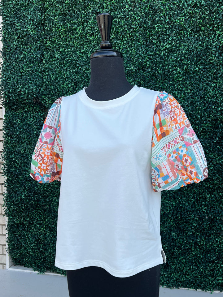 printed eyelet patchwork contrasting sleeves on white tee joy joy