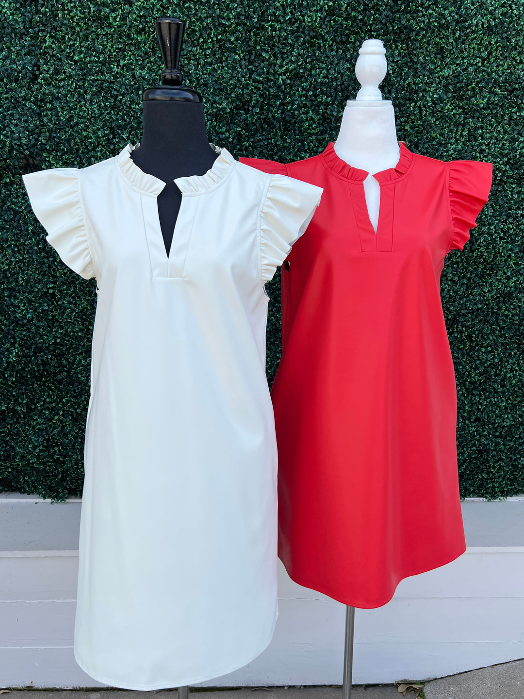 red and cream Vegan Flutter Sheath Dress Best Online Women's Boutiques in USA