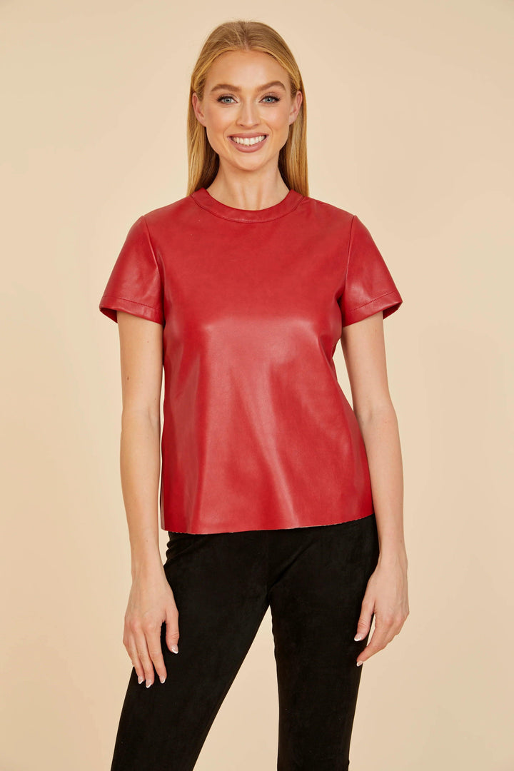 red pleather vegan leather t shirt doce cabo fall winter 2024 with zipper trendy blouses
