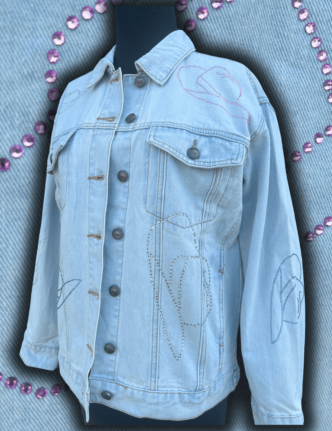 rhinestones cowgirl cowboy hat embellished jean jacket light wash pink