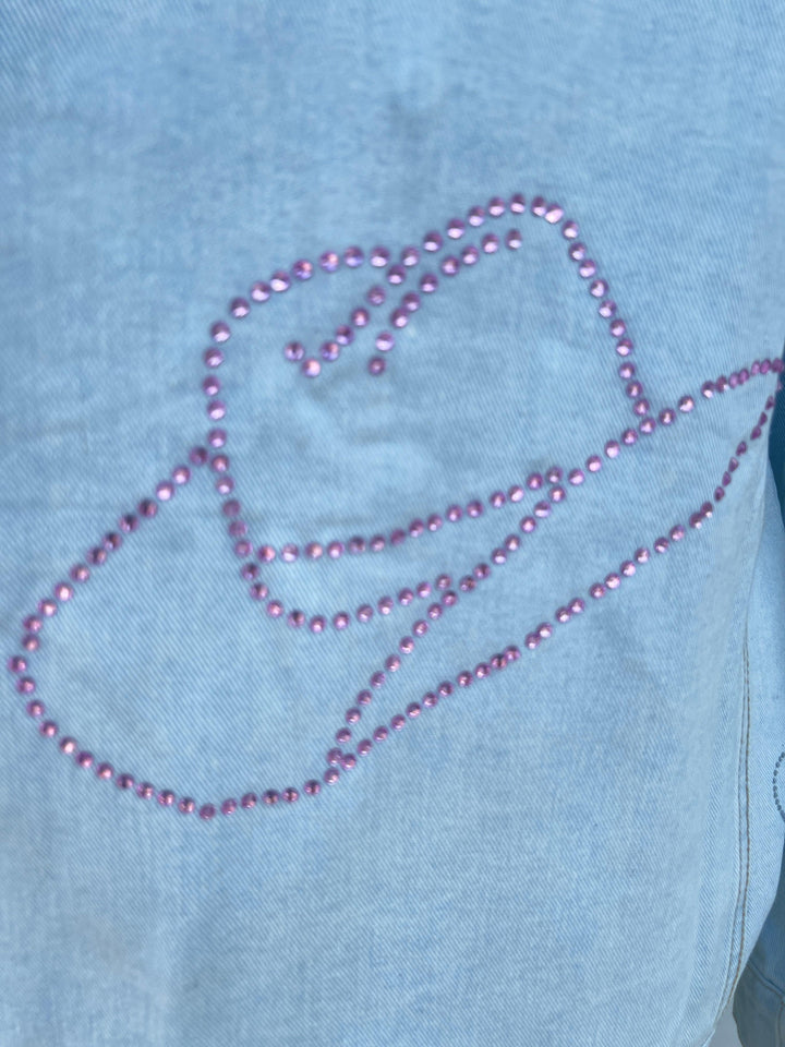 rhinestones cowgirl cowboy hat embellished jean jacket light wash pink HLSR