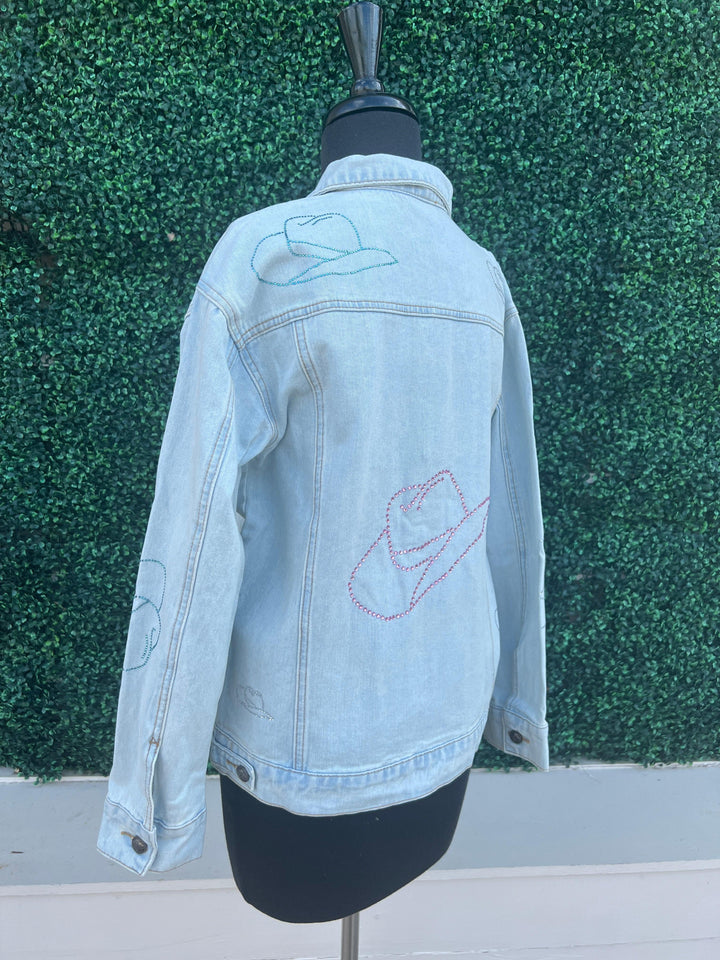 rhinestones cowgirl cowboy hat embellished jean jacket light wash pink HLSR rodeo boutique