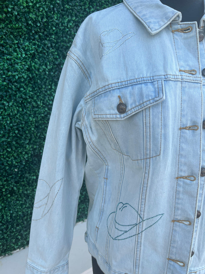 rhinestones cowgirl cowboy hat embellished jean jacket light wash pink HLSR rodeo boutique southern 