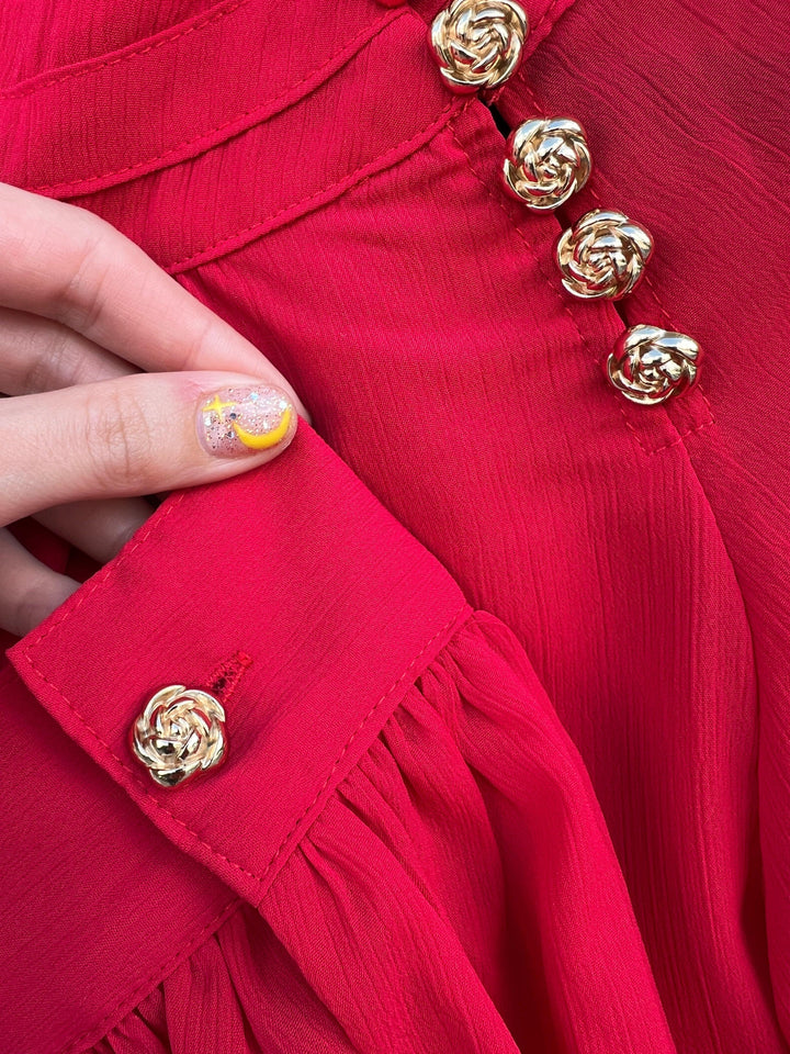 sheer gold Rosette Button Long Sleeve holiday Blouse in red or white fall winter 2024 jade brand