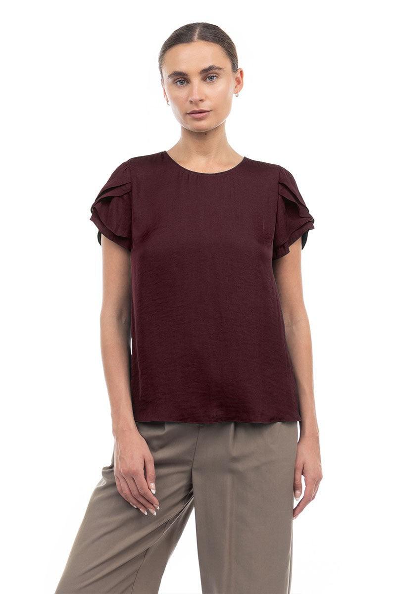 silky burgundy satin blouse by naked zebra with unique sleeve