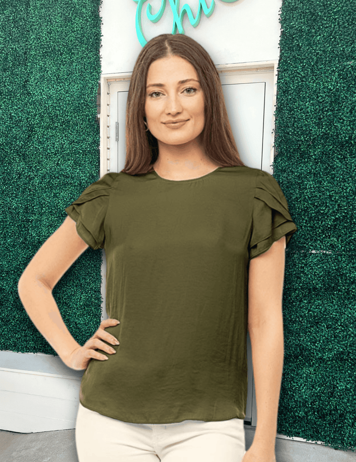 silky olive green satin blouse by naked zebra