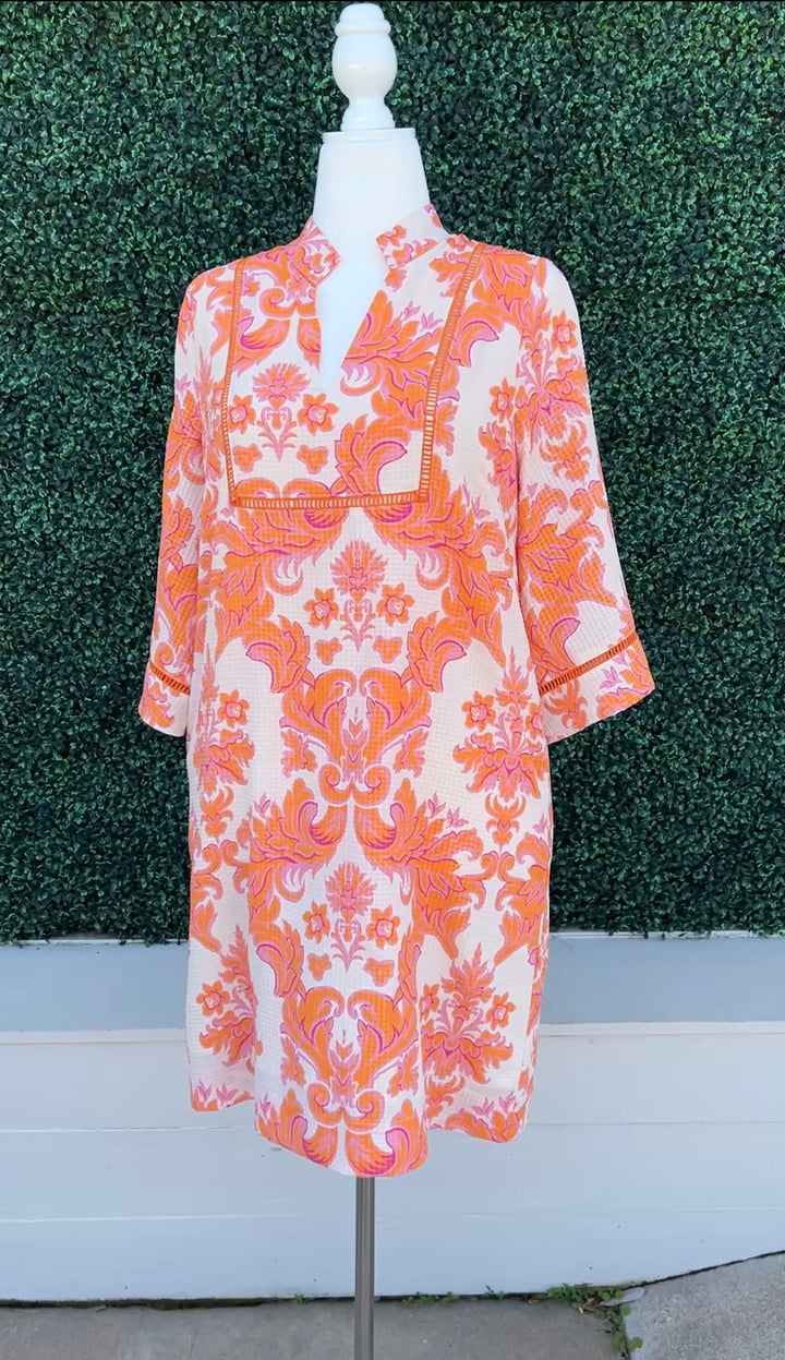 textured Orange and Pink Paisley Print Dress Quality Women&