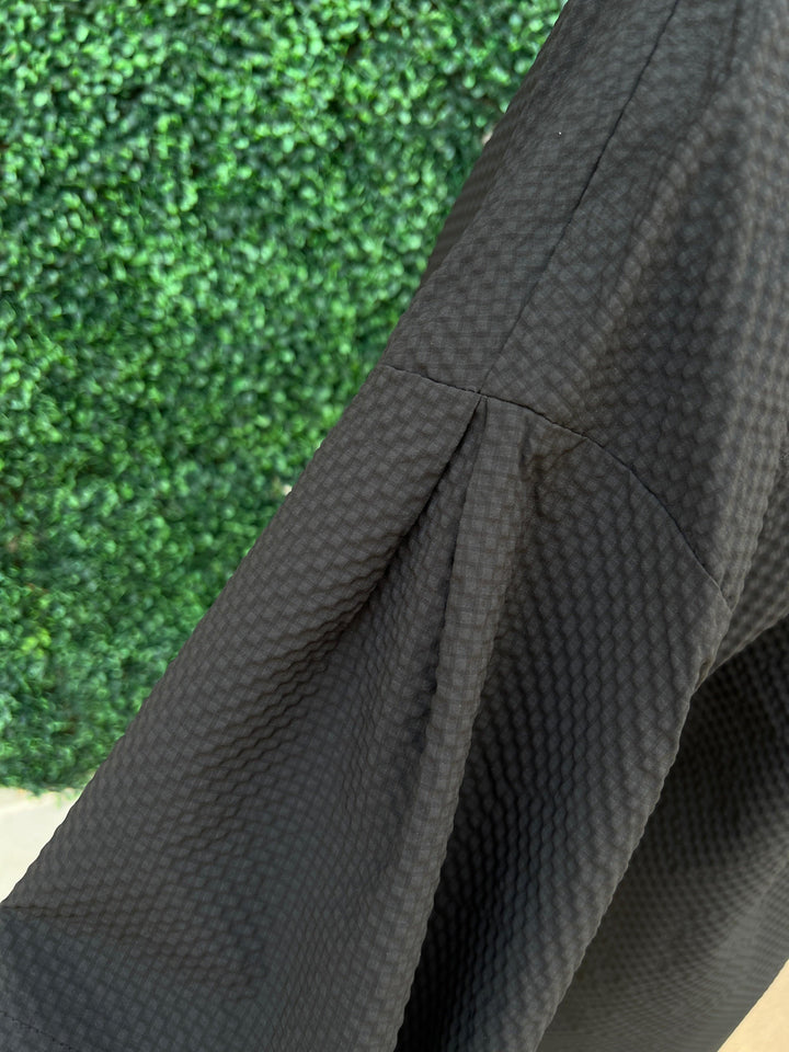 textured v neck dramatic sleeve dress THML brand dresses boutique pleated sleeve