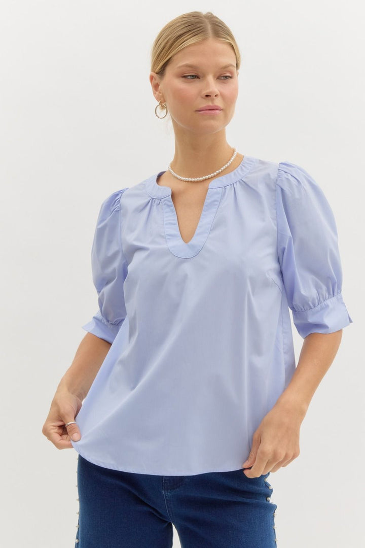 top Curved hem V Neck Blouse cotton in light blue entro brand affordable boxy fit