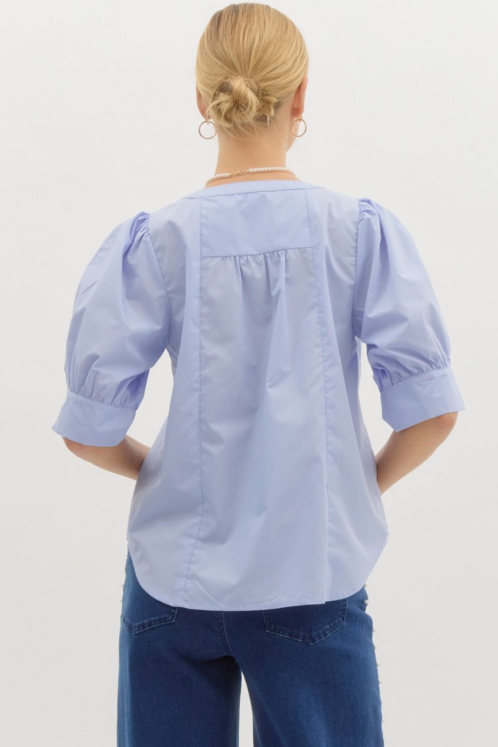 top Curved hem V Neck Blouse cotton in light blue entro brand affordable puff sleeves
