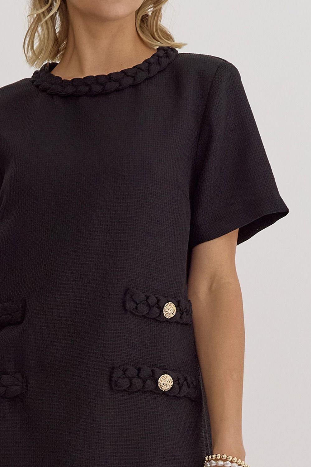 tweed sheath braid neck gold buttons jackie o boutique black dresses women over 50 boutique
