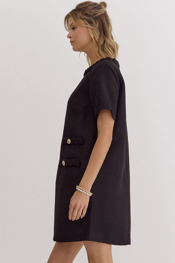 tweed sheath braid neck gold buttons jackie o boutique black dresses women over 50 boutique entro