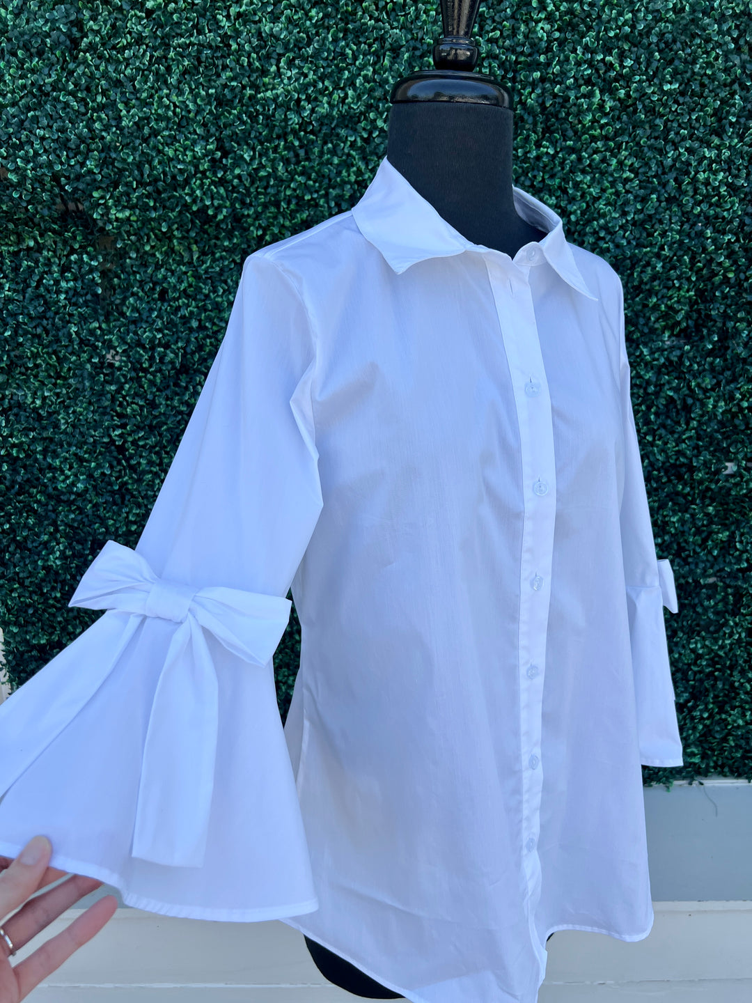 white Bow Bell Button down Blouse ravel 